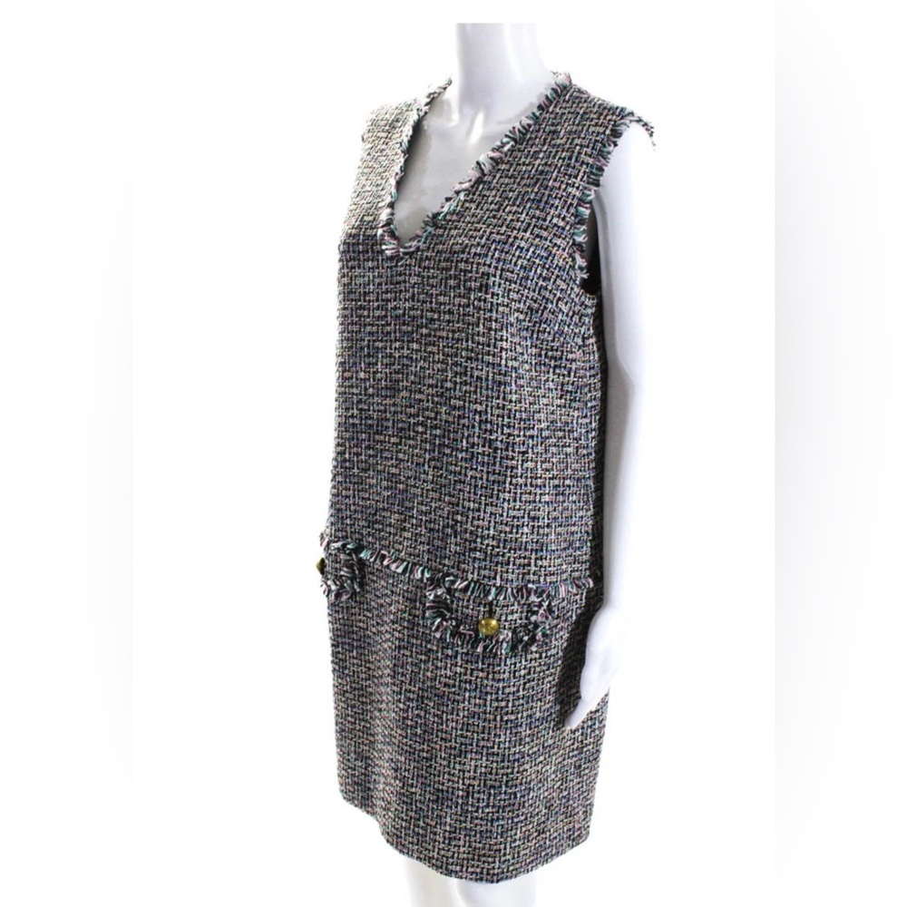 J crew Tweed Sleeveless vneck Dress Multicolor fringe Chanel style gold button